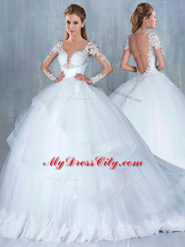 V-neck Long Sleeves Bridal Gown Court Train Lace and Appliques and Ruffles White Tulle