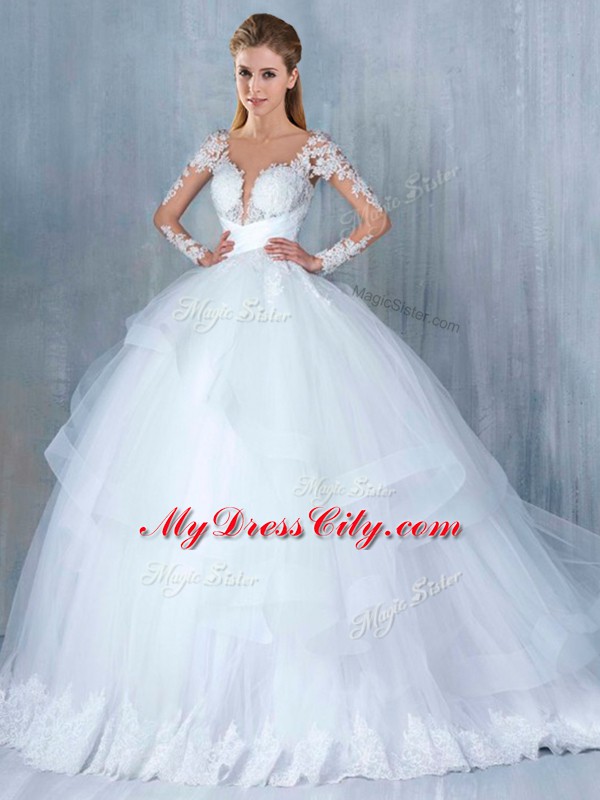 V-neck Long Sleeves Bridal Gown Court Train Lace and Appliques and Ruffles White Tulle