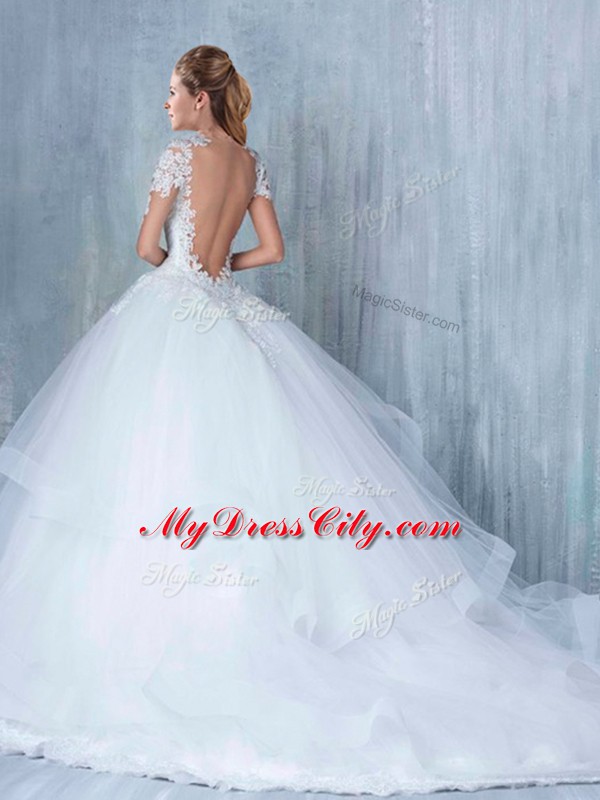 V-neck Long Sleeves Bridal Gown Court Train Lace and Appliques and Ruffles White Tulle