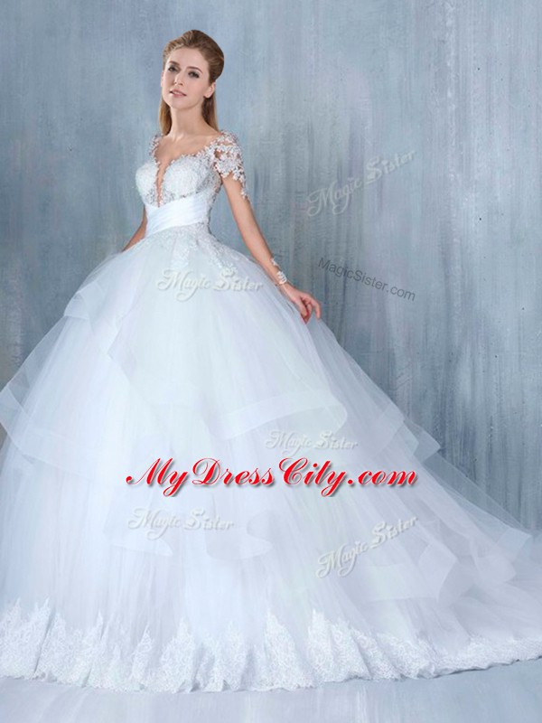 V-neck Long Sleeves Bridal Gown Court Train Lace and Appliques and Ruffles White Tulle