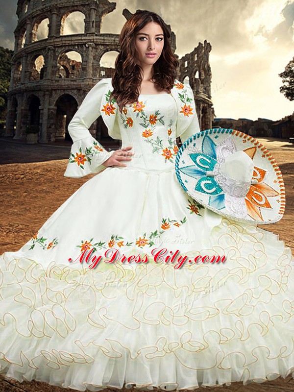 Fancy White Square Neckline Embroidery and Ruffled Layers Quince Ball Gowns Long Sleeves Lace Up