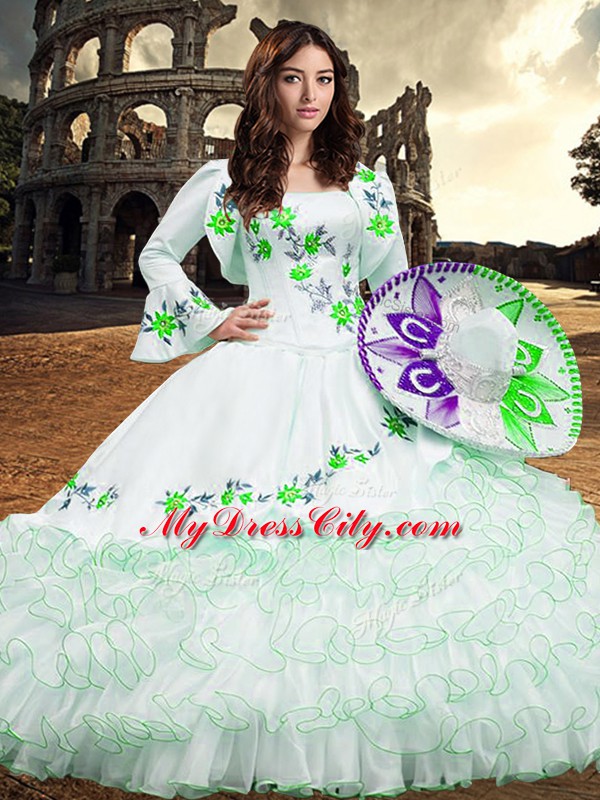 Floor Length White Quinceanera Gowns Square Long Sleeves Lace Up