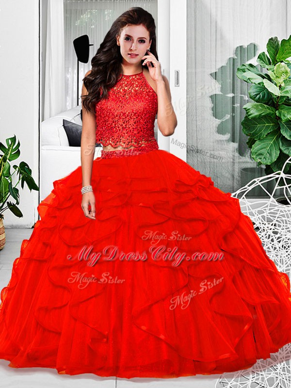 Red Zipper Halter Top Lace and Ruffles Vestidos de Quinceanera Tulle Sleeveless