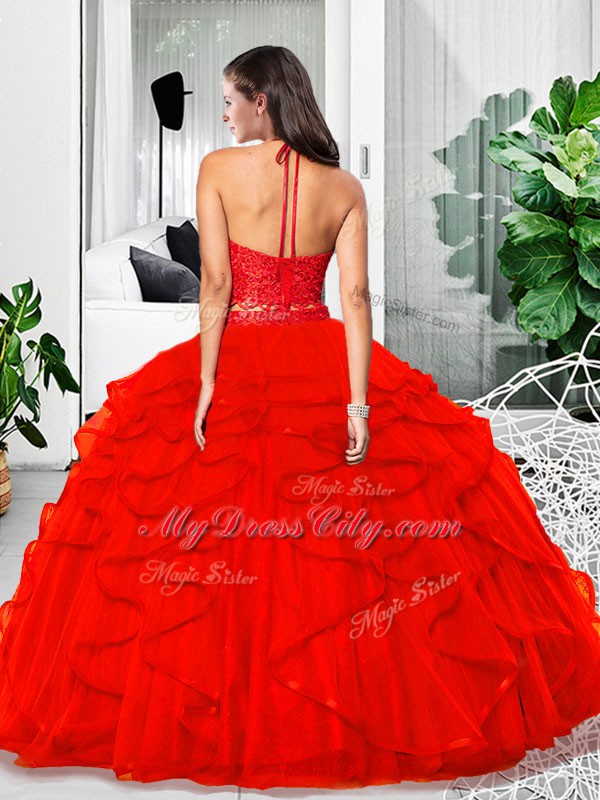 Red Zipper Halter Top Lace and Ruffles Vestidos de Quinceanera Tulle Sleeveless