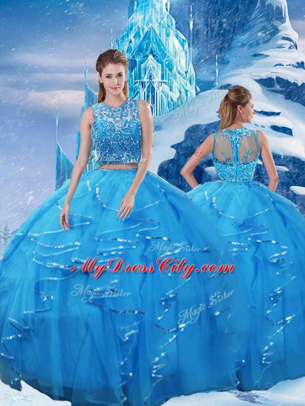 Custom Design Two Pieces Sweet 16 Dresses Baby Blue Scoop Tulle Sleeveless Floor Length Zipper