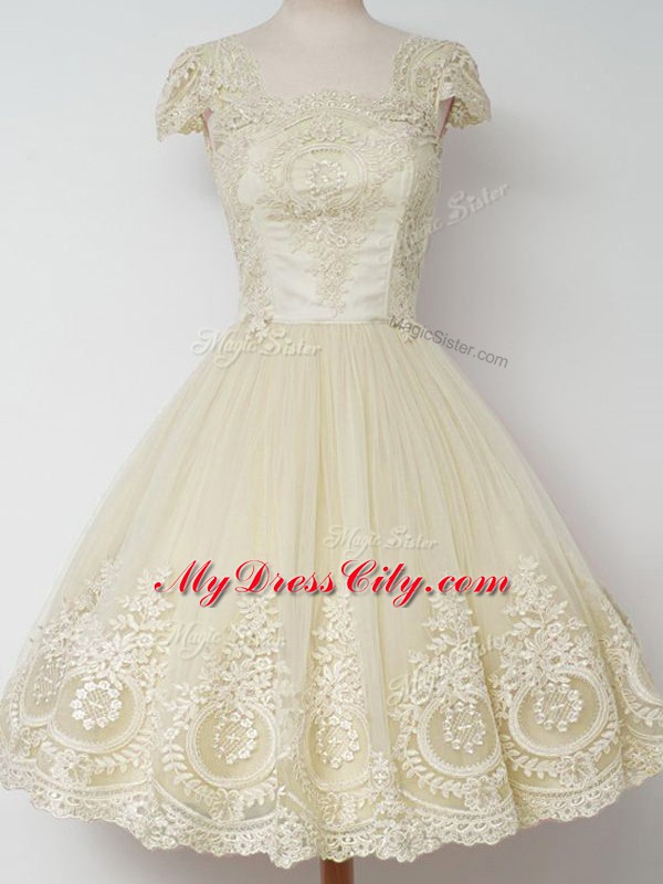 Low Price Light Yellow A-line Square Cap Sleeves Tulle Knee Length Zipper Lace Wedding Party Dress