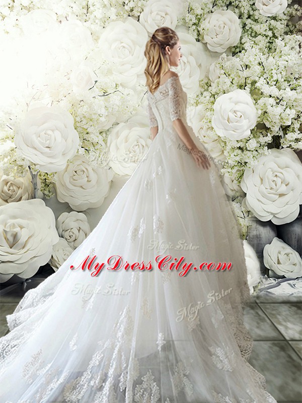 Unique Tulle Off The Shoulder Half Sleeves Court Train Clasp Handle Lace Wedding Gowns in White