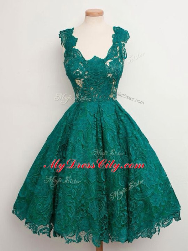 Lace Straps Sleeveless Lace Up Lace Bridesmaid Gown in Dark Green