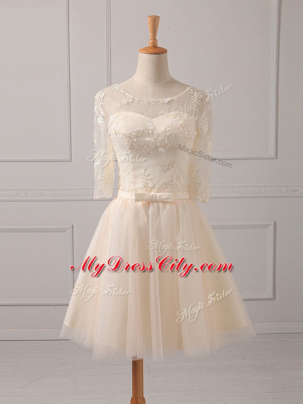 Trendy Champagne Tulle Lace Up Vestidos de Damas Half Sleeves Mini Length Lace and Belt