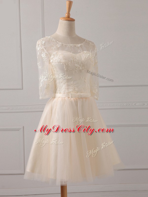 Trendy Champagne Tulle Lace Up Vestidos de Damas Half Sleeves Mini Length Lace and Belt