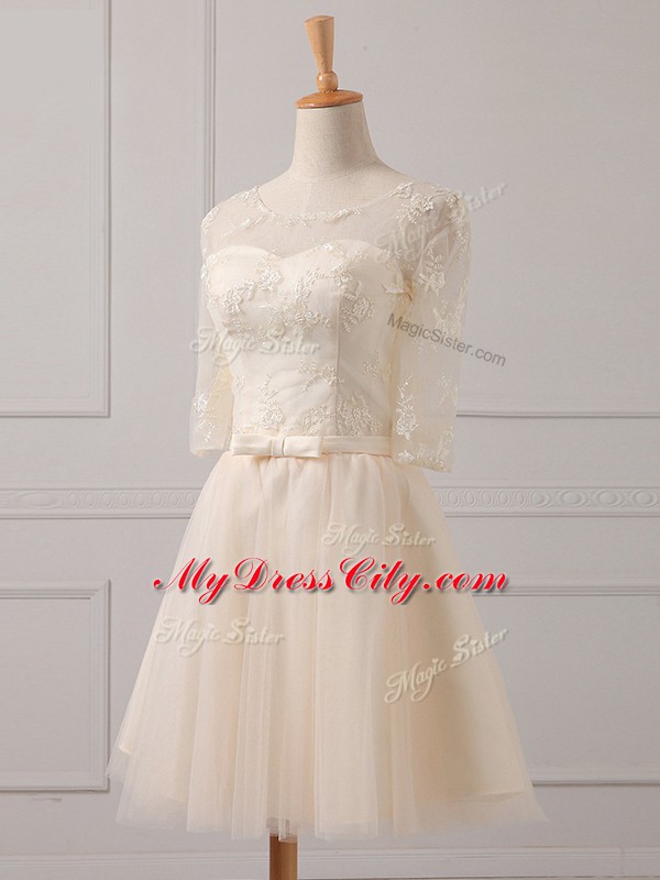 Trendy Champagne Tulle Lace Up Vestidos de Damas Half Sleeves Mini Length Lace and Belt