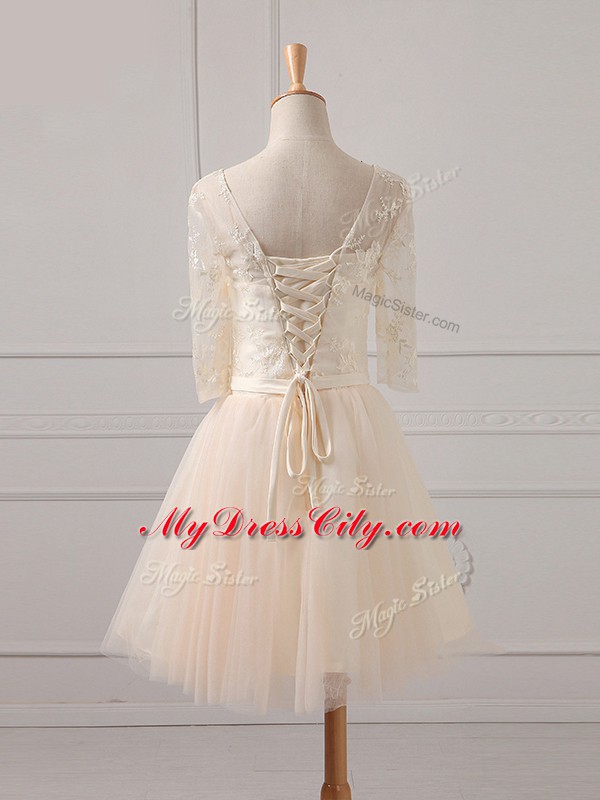 Trendy Champagne Tulle Lace Up Vestidos de Damas Half Sleeves Mini Length Lace and Belt