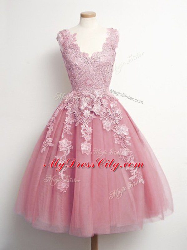 Pink Sleeveless Knee Length Appliques Lace Up Wedding Guest Dresses