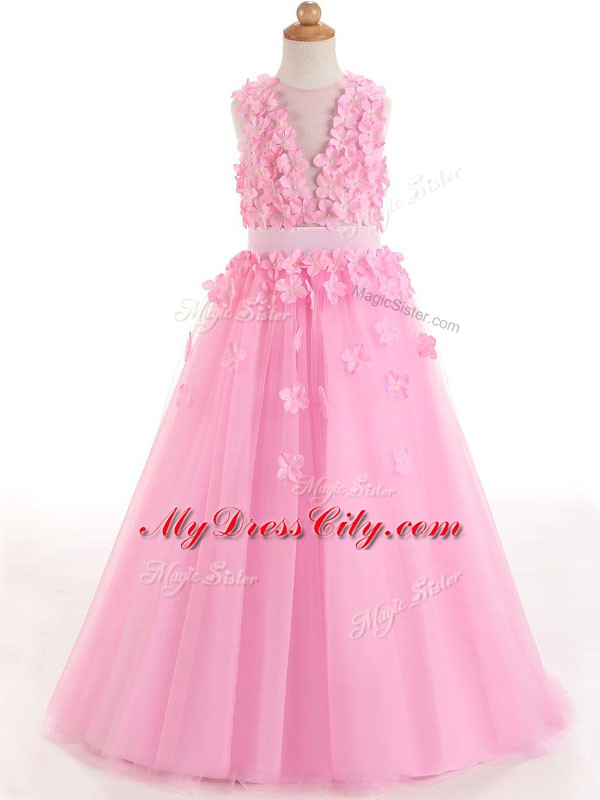 Discount Scoop Sleeveless Tulle Little Girls Pageant Dress Wholesale Appliques and Bowknot Zipper