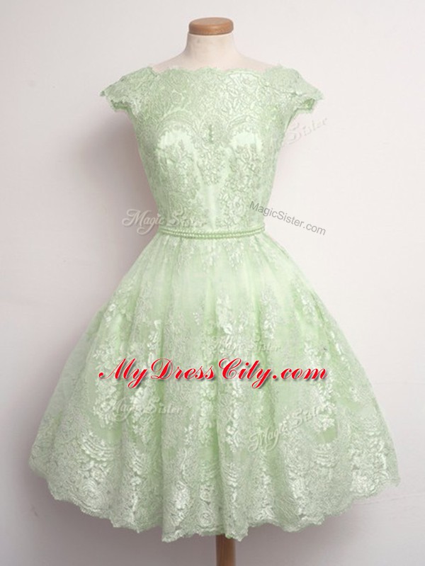 Deluxe Yellow Green A-line Lace Scalloped Cap Sleeves Lace Knee Length Lace Up Quinceanera Court Dresses