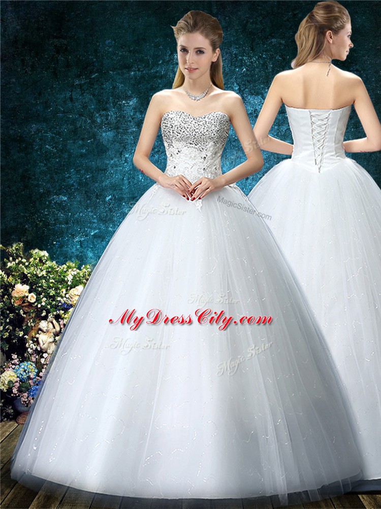 Floor Length White Wedding Gown Tulle Sleeveless Beading and Embroidery