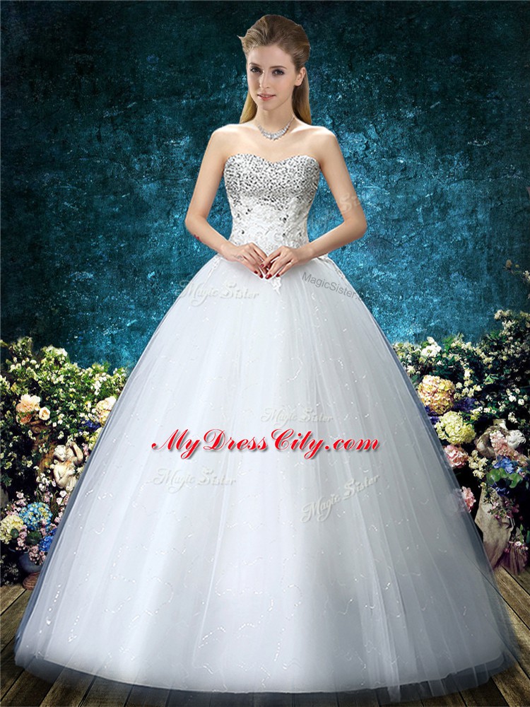 Floor Length White Wedding Gown Tulle Sleeveless Beading and Embroidery