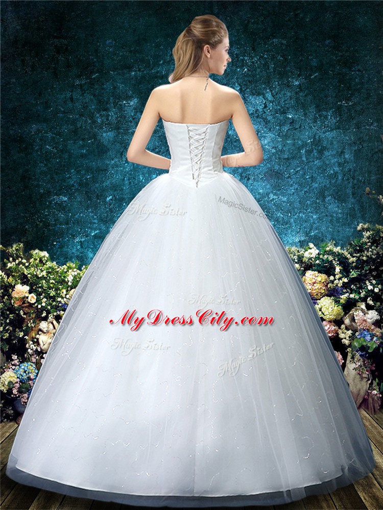 Floor Length White Wedding Gown Tulle Sleeveless Beading and Embroidery