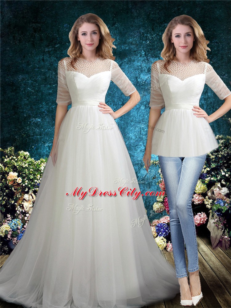 Scoop Half Sleeves Tulle Wedding Dresses Beading Brush Train Zipper