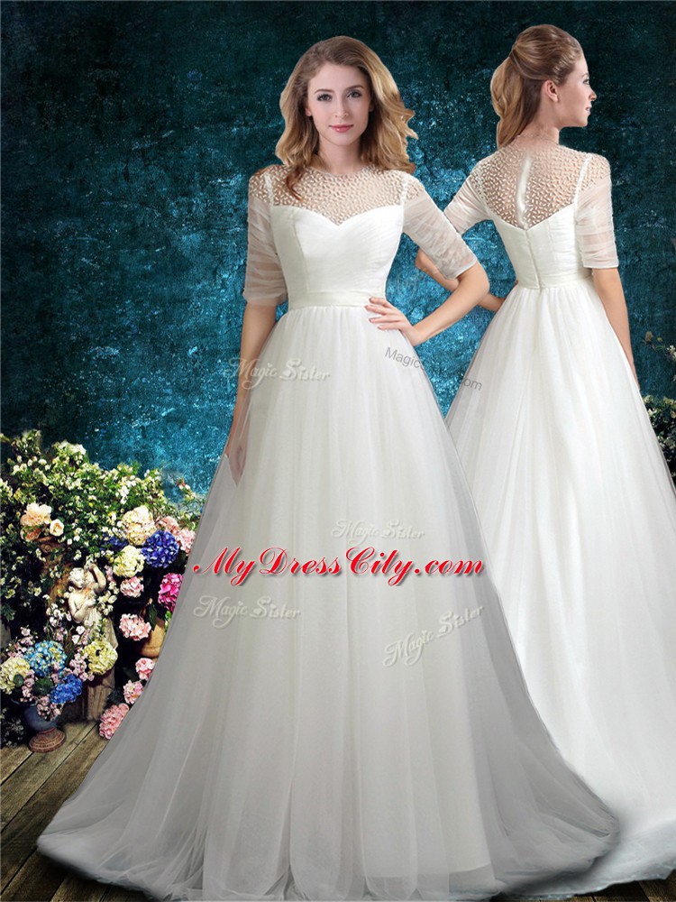 Scoop Half Sleeves Tulle Wedding Dresses Beading Brush Train Zipper