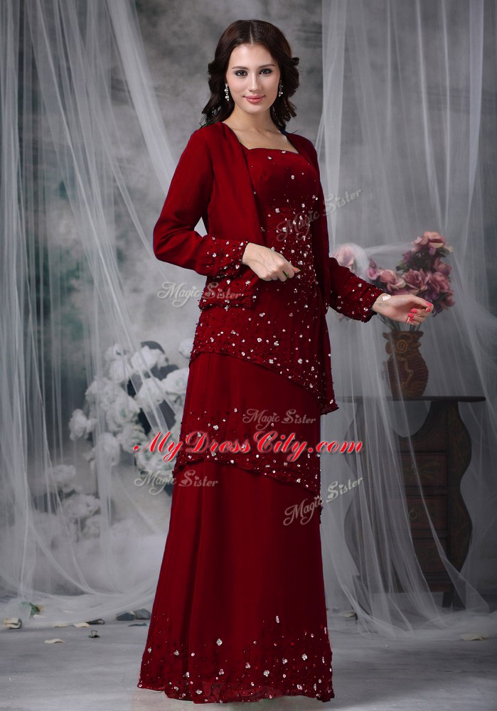 Floor Length Rust Red Mother Dresses Chiffon Sleeveless Beading