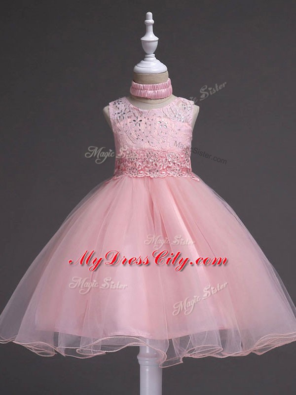 Customized Baby Pink Ball Gowns Scoop Sleeveless Tulle Knee Length Zipper Beading and Appliques Girls Pageant Dresses