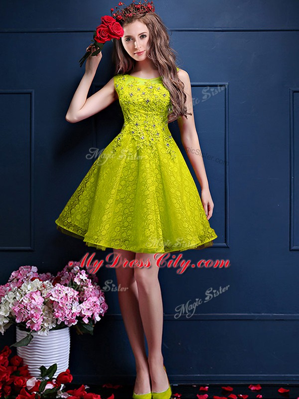 Vintage Yellow Green Sleeveless Beading and Lace Knee Length Dama Dress