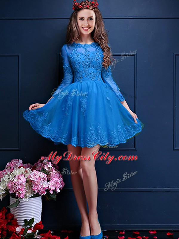 Sumptuous Teal A-line Beading and Lace and Appliques Bridesmaid Gown Lace Up Chiffon 3 4 Length Sleeve Mini Length