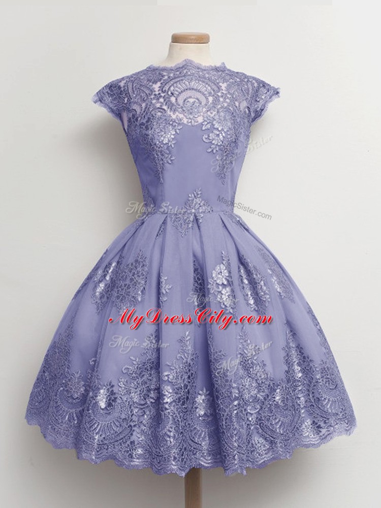 Popular Lavender Scalloped Lace Up Lace Wedding Party Dress Cap Sleeves