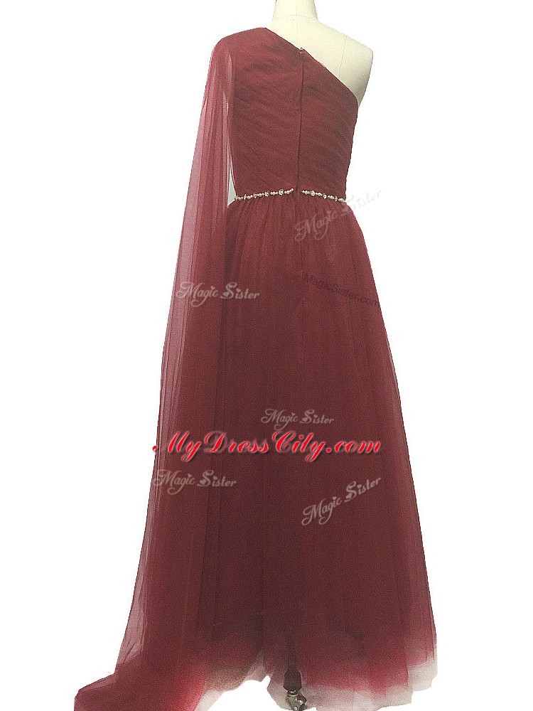 One Shoulder Sleeveless Chiffon Beading and Pleated Sweep Train Zipper