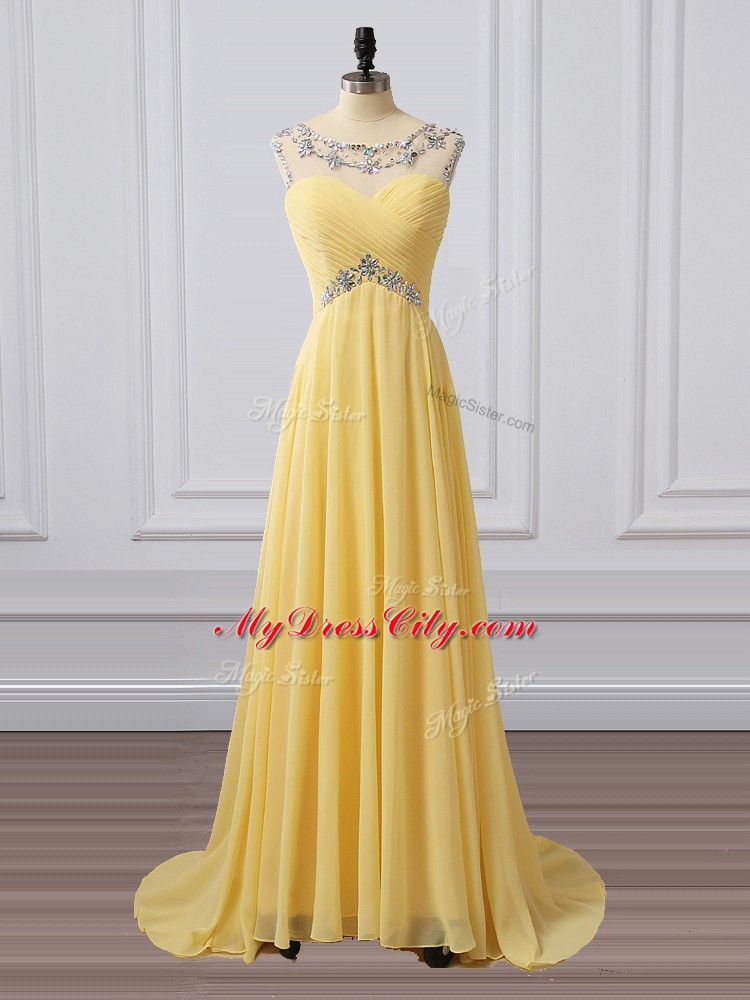 Stunning Sleeveless Brush Train Clasp Handle Beading and Ruching Prom Gown