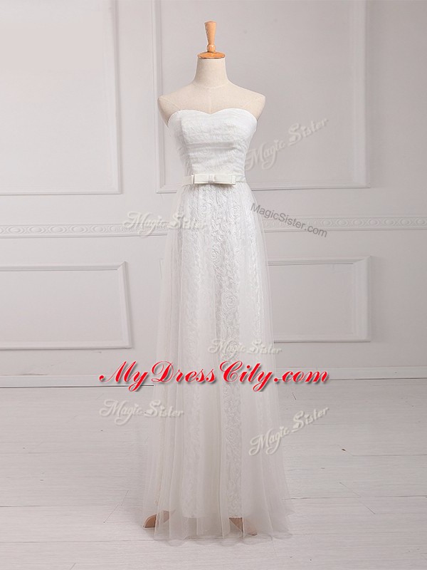 Excellent Floor Length Lace Up Quinceanera Court Dresses White for Prom and Party and Wedding Party with Belt