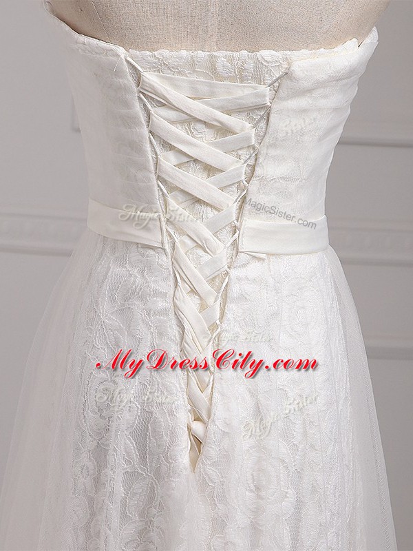 Excellent Floor Length Lace Up Quinceanera Court Dresses White for Prom and Party and Wedding Party with Belt