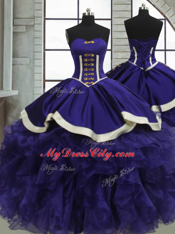 Purple Lace Up Sweet 16 Dress Ruffles Sleeveless Floor Length