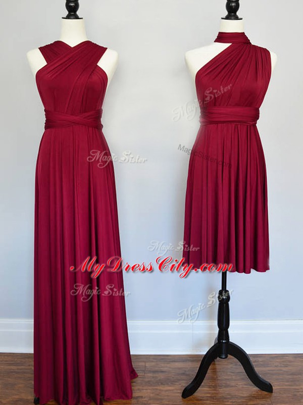 Admirable Burgundy Sleeveless Ruching Wedding Party Dress