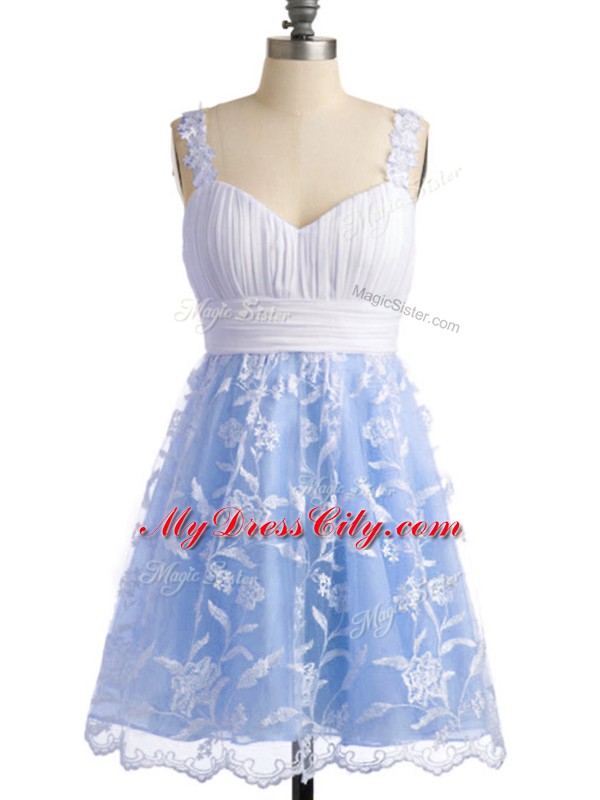 Knee Length Lace Up Bridesmaid Dress Light Blue for Prom and Party and Wedding Party with Lace