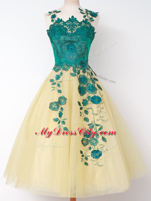 Latest Gold Sleeveless Knee Length Appliques Lace Up Damas Dress