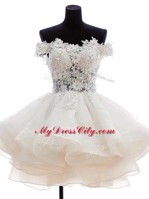 Beautiful White A-line Tulle Strapless Sleeveless Beading and Lace and Embroidery and Ruffles Knee Length Zipper Cocktail Dress