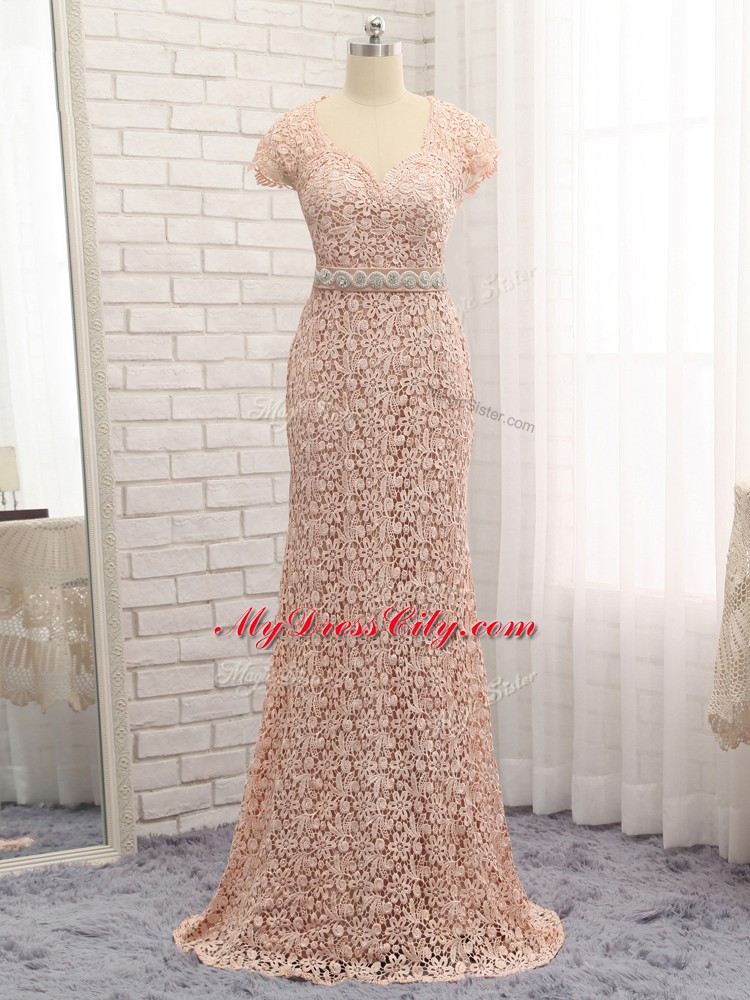 Lace Cap Sleeves Floor Length Mother Dresses and Beading and Belt