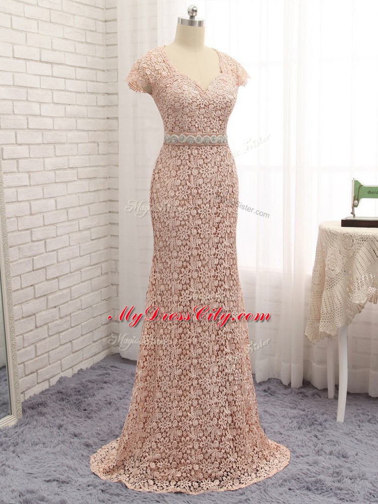 Lace Cap Sleeves Floor Length Mother Dresses and Beading and Belt