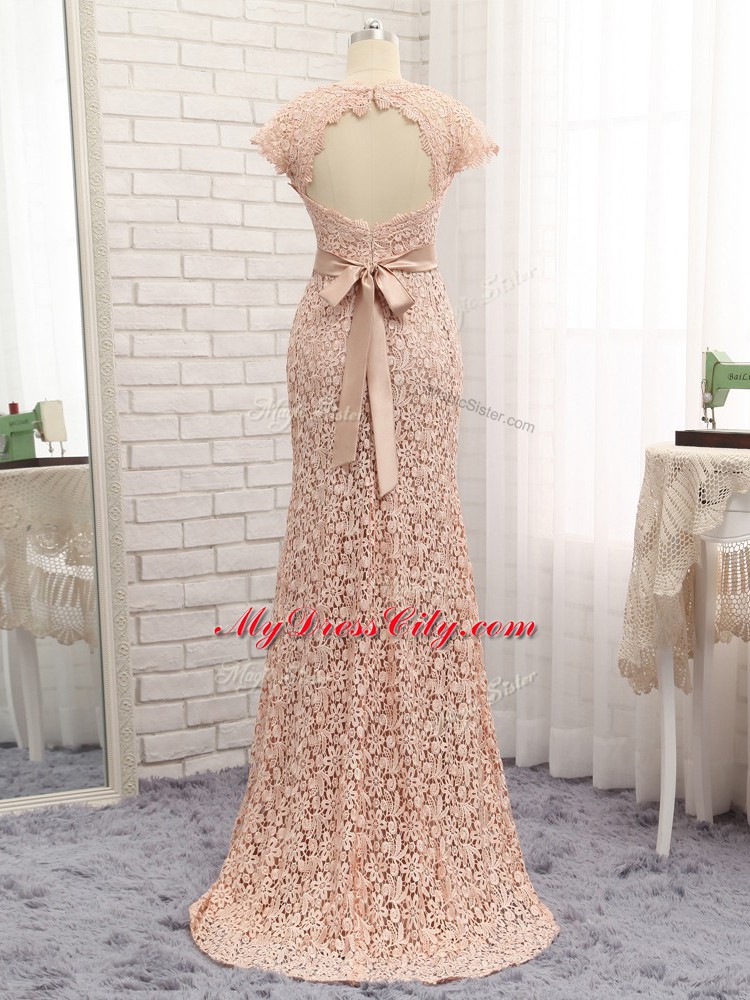 Lace Cap Sleeves Floor Length Mother Dresses and Beading and Belt