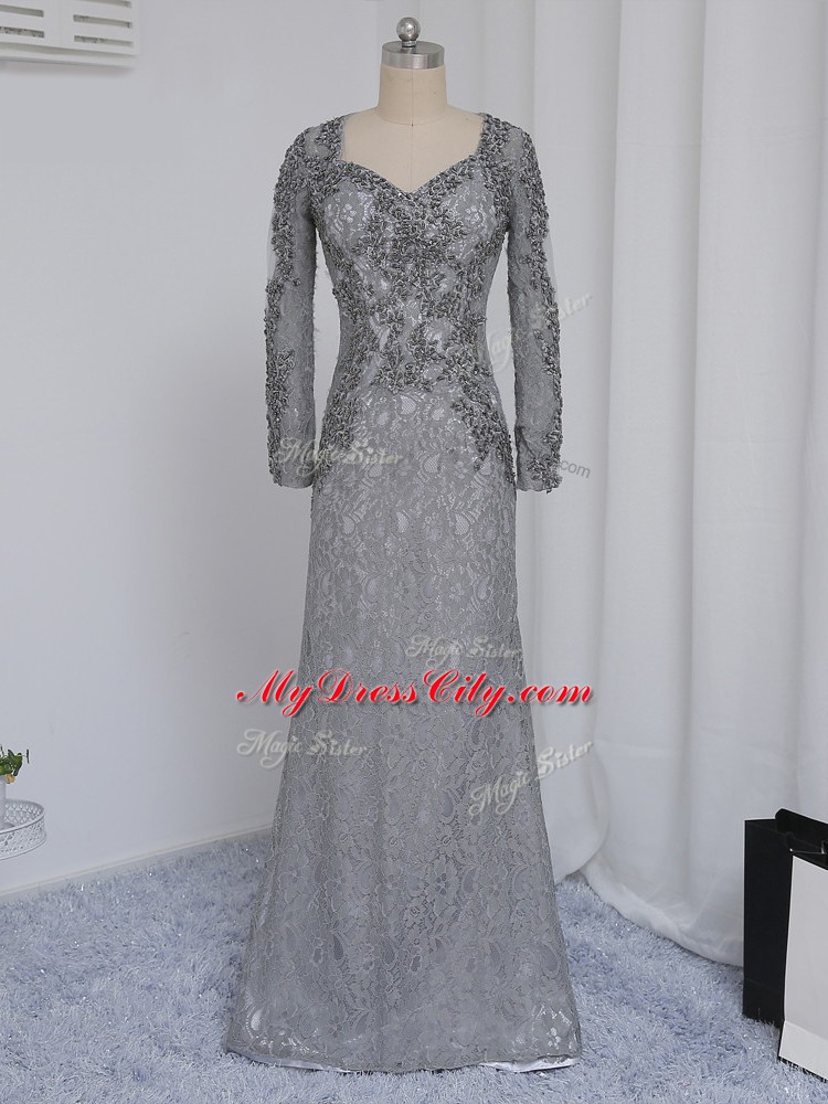 Elegant Grey Long Sleeves Lace Zipper Mother of Bride Dresses for Prom and Party and Sweet 16