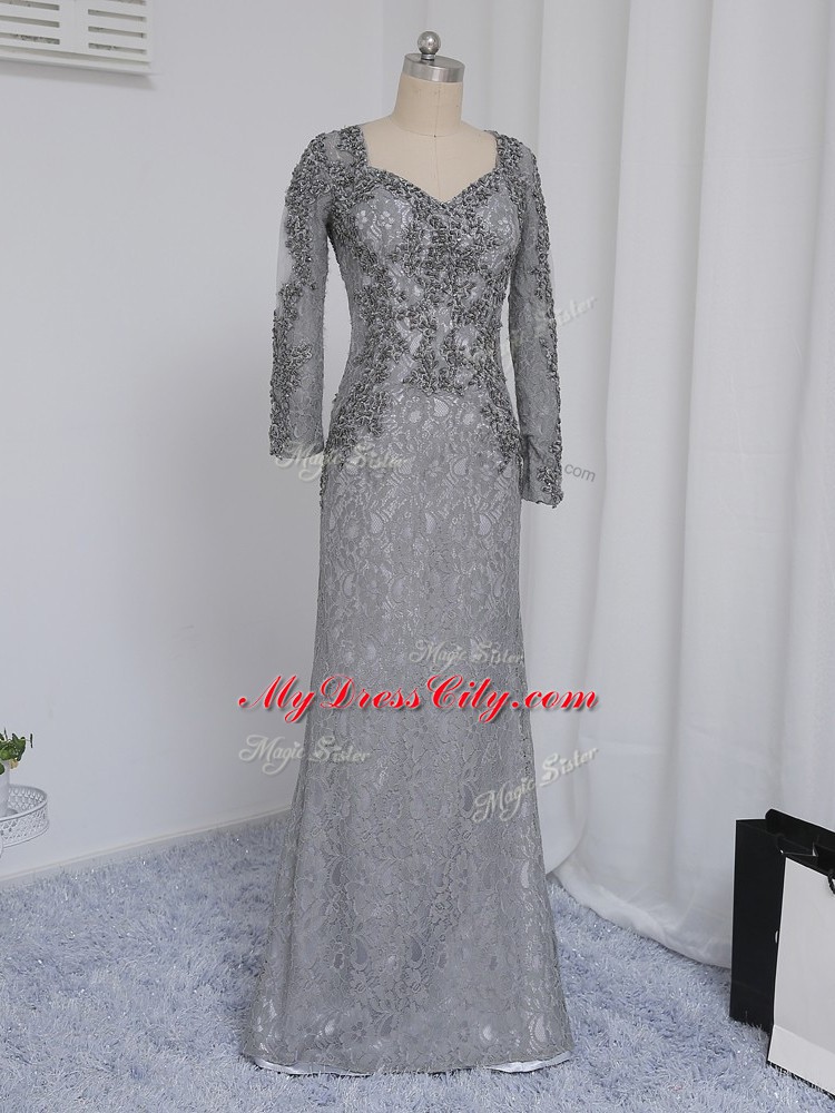 Elegant Grey Long Sleeves Lace Zipper Mother of Bride Dresses for Prom and Party and Sweet 16