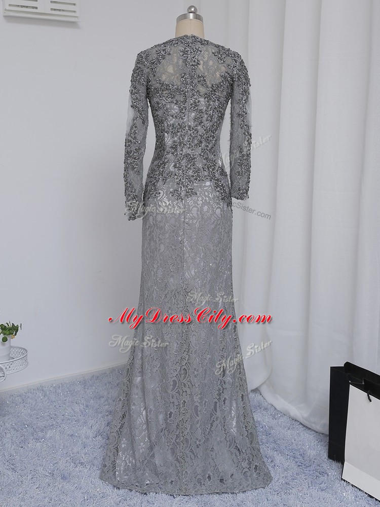 Elegant Grey Long Sleeves Lace Zipper Mother of Bride Dresses for Prom and Party and Sweet 16