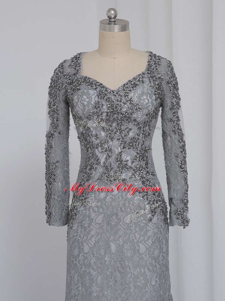 Elegant Grey Long Sleeves Lace Zipper Mother of Bride Dresses for Prom and Party and Sweet 16