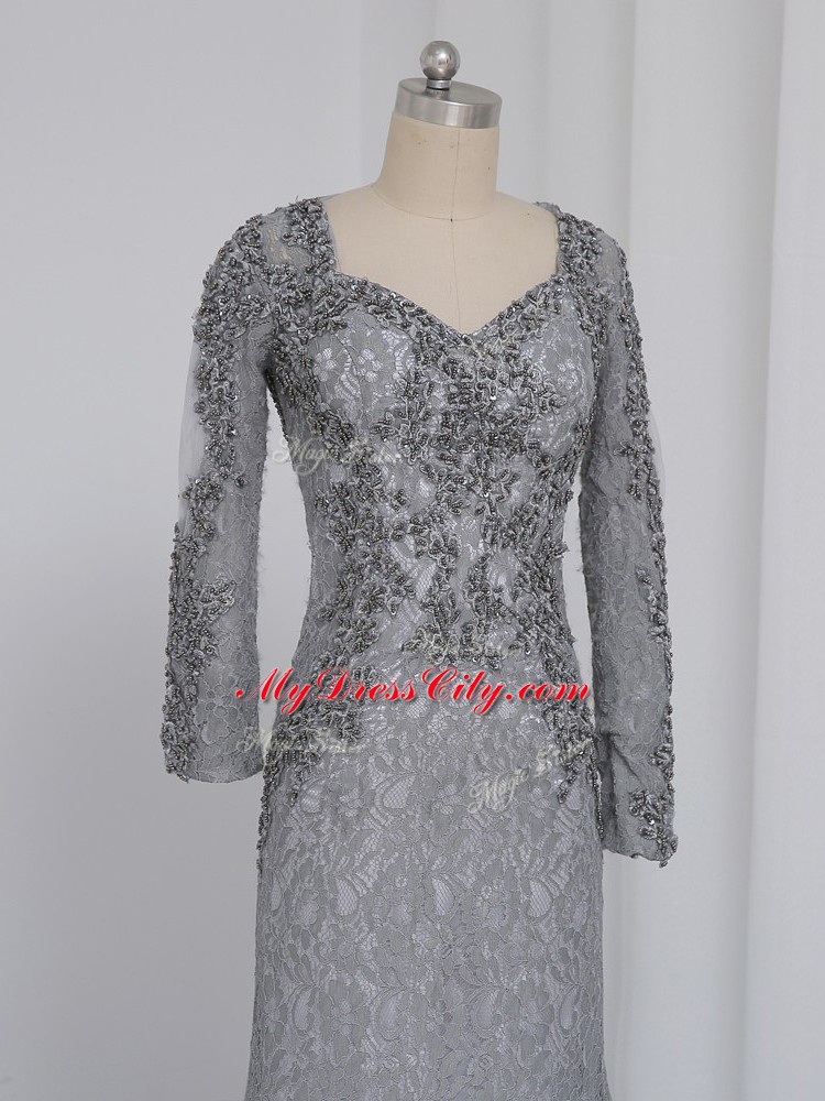 Elegant Grey Long Sleeves Lace Zipper Mother of Bride Dresses for Prom and Party and Sweet 16