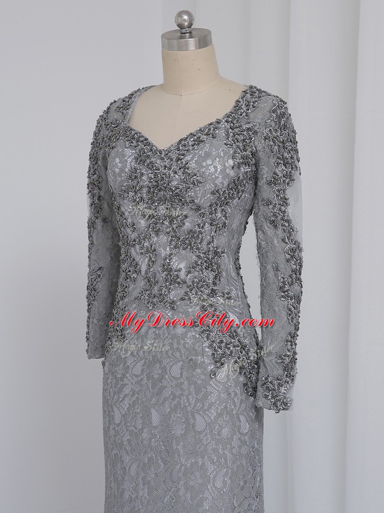 Elegant Grey Long Sleeves Lace Zipper Mother of Bride Dresses for Prom and Party and Sweet 16