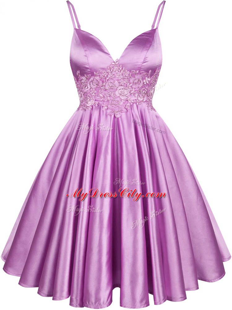 Luxurious A-line Bridesmaid Dresses Lilac Spaghetti Straps Elastic Woven Satin Sleeveless Knee Length Lace Up