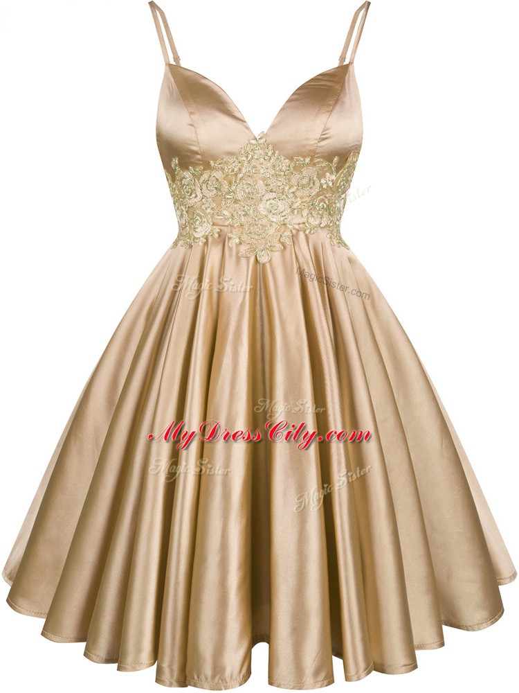 Glamorous Elastic Woven Satin Spaghetti Straps Sleeveless Lace Up Lace Quinceanera Court of Honor Dress in Champagne