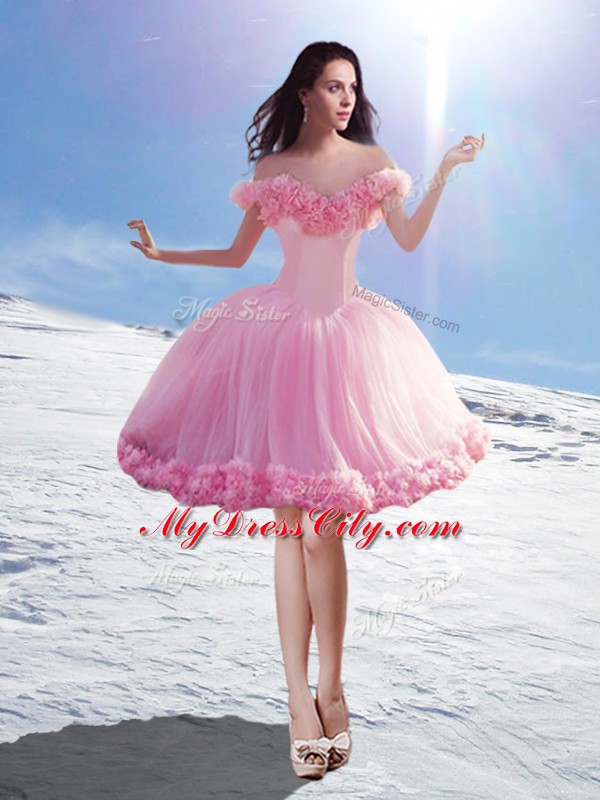 Latest Baby Pink Lace Up Off The Shoulder Hand Made Flower Evening Dress Tulle Sleeveless